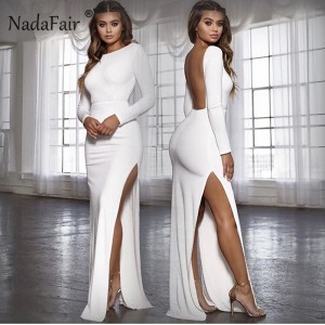 Backless women sexy long party dress long sleeve high side split bodycon maxi dress Black Red White Yellow Blue Burgundy